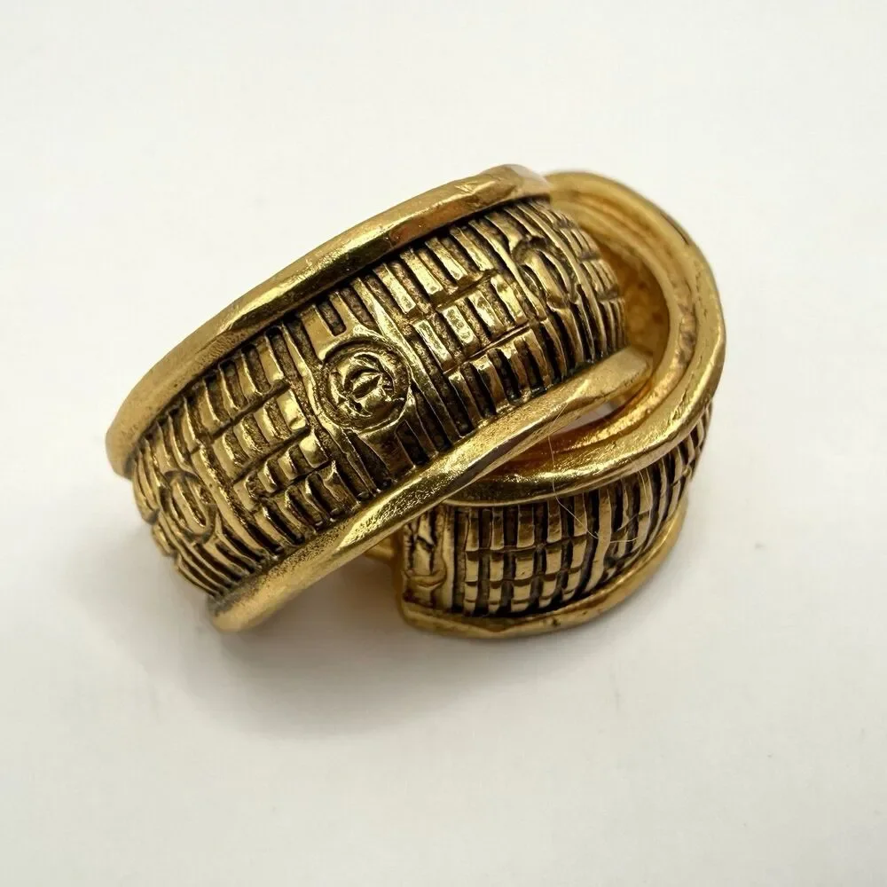 Vintage CHANEL Gold Tone Basket Weave CC Half Hoop Clip Earrings France READ